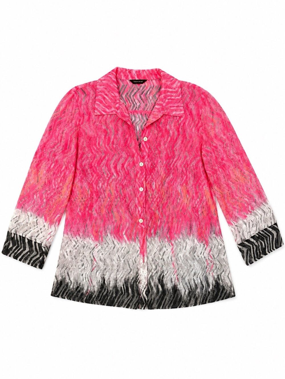 Multiples Women’s XL Pink Abstract Sheer Button Front 3/4 Sleeve Blouse Top